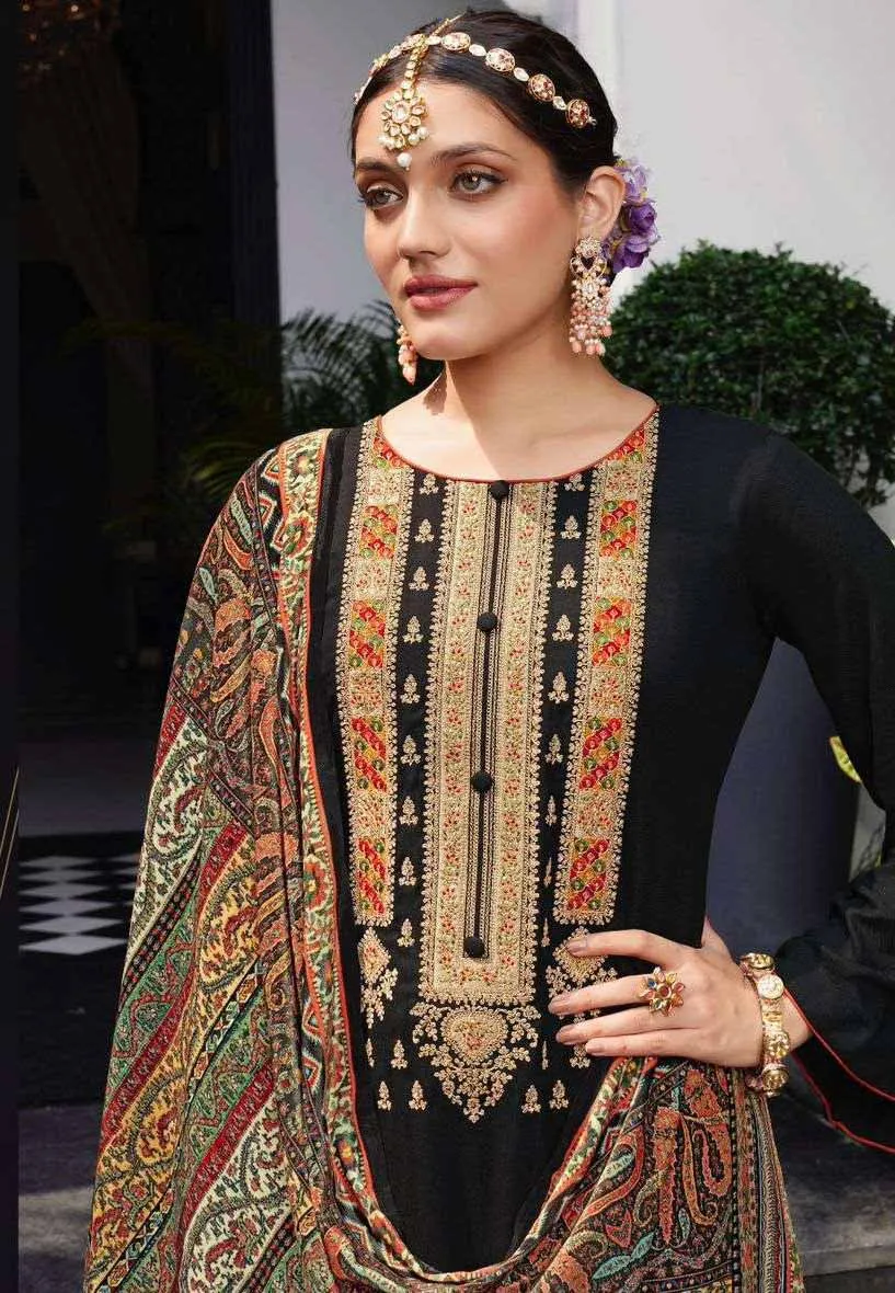 Pure Viscose Pashmina Black Unstitched Winter Suits with Velvet Dupatta