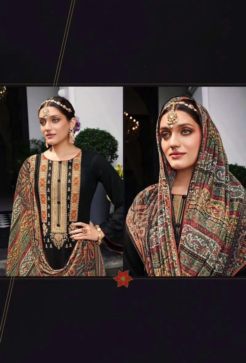 Pure Viscose Pashmina Black Unstitched Winter Suits with Velvet Dupatta