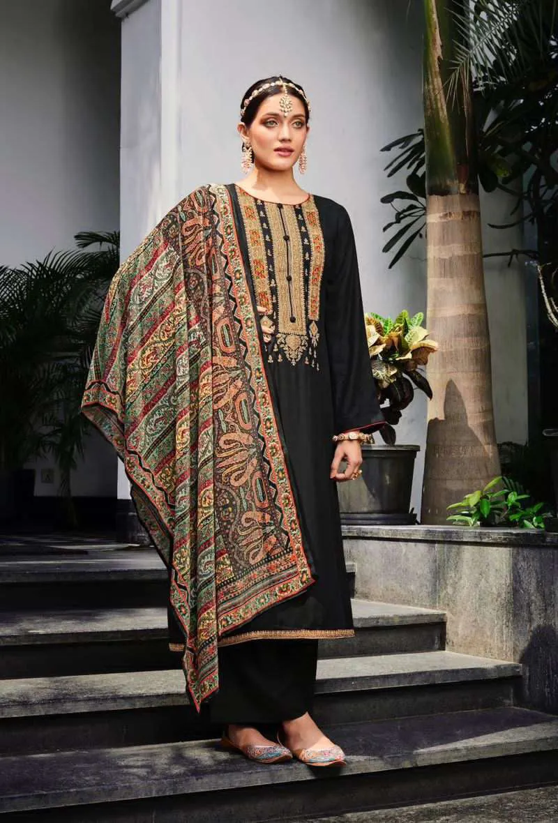 Pure Viscose Pashmina Black Unstitched Winter Suits with Velvet Dupatta