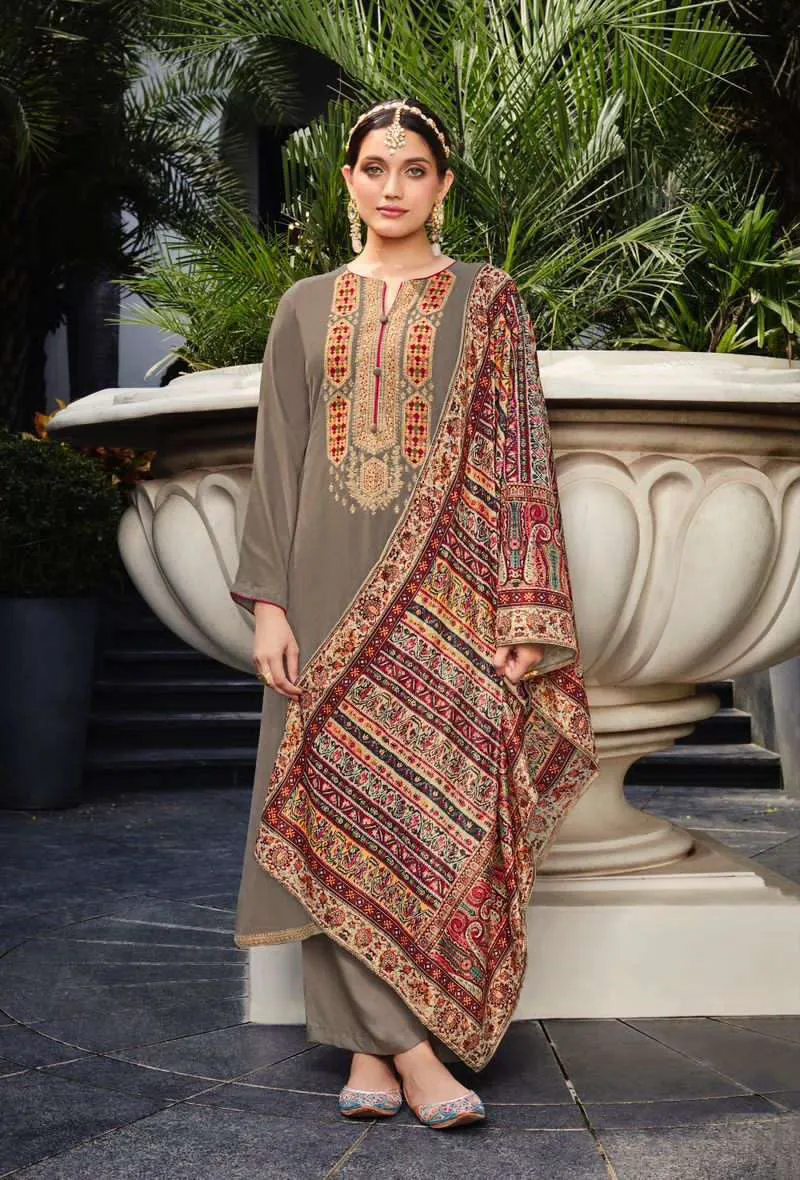 Pure Viscose Pashmina Unstitched Winter Suits Material with Velvet Dupatta