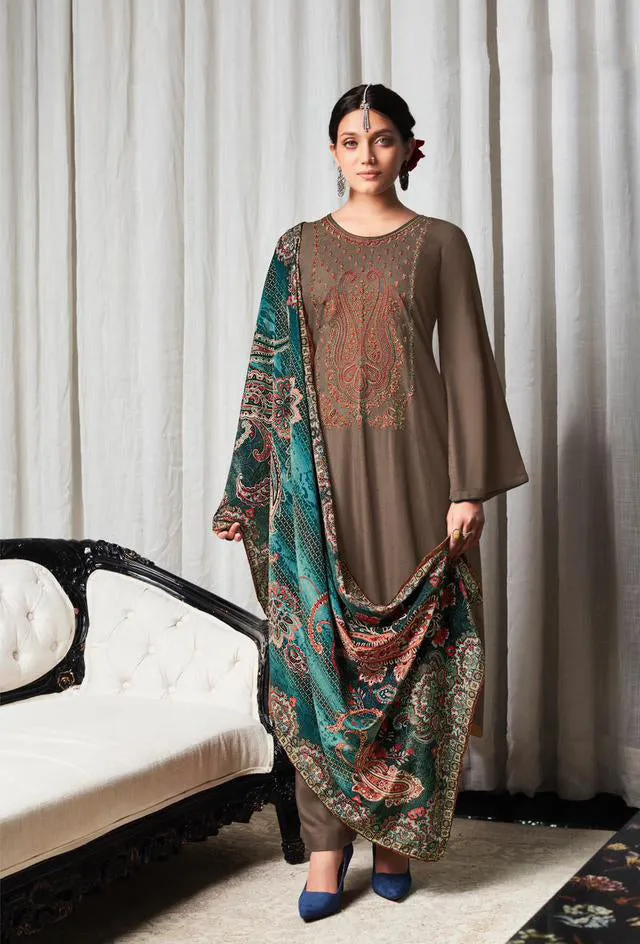 Pure Viscose Staple Pashmina Brown Unstitched Winter Suits with Velvet Dupatta