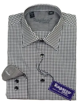 Ragazzo 20615 100% Cotton Boy's Dress Shirt - Check - Black / White, Modified Spread Collar