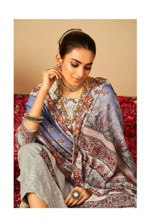 Rayon Pashmina Unstitched Cream Winter Printed Suits Set with Embroidery