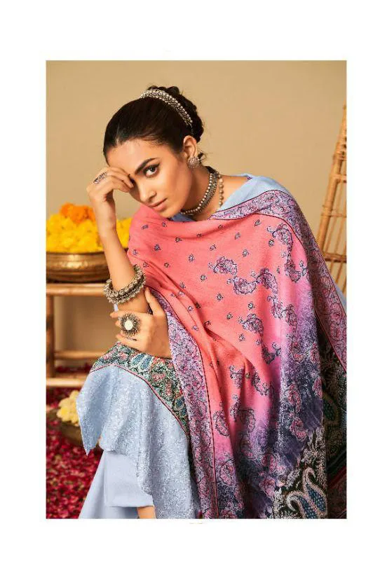 Rayon Pashmina Unstitched Light Blue Winter Printed Suits Set with Embroidery