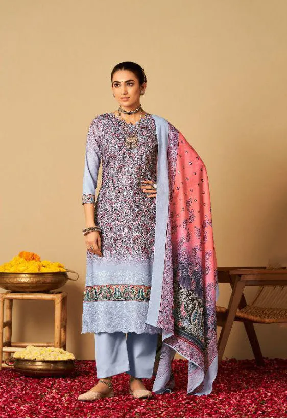 Rayon Pashmina Unstitched Light Blue Winter Printed Suits Set with Embroidery