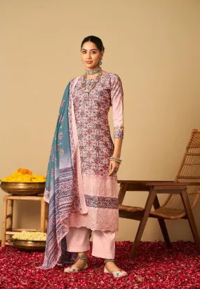 Rayon Pashmina Unstitched Light Peach Winter Printed Suits Set with Embroidery