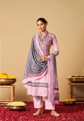 Rayon Pashmina Unstitched Light Pink Winter Printed Suits Set with Embroidery