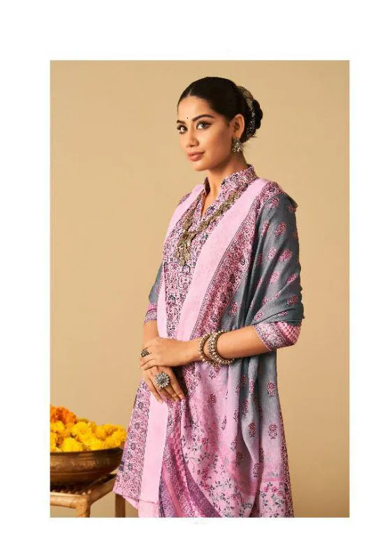 Rayon Pashmina Unstitched Light Pink Winter Printed Suits Set with Embroidery