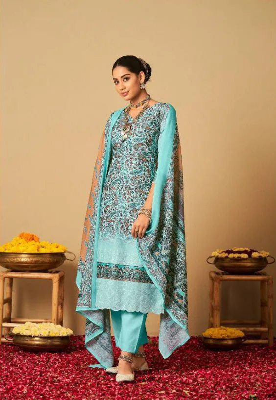 Rayon Pashmina Unstitched Teal Green Winter Printed Suits Set with Embroidery