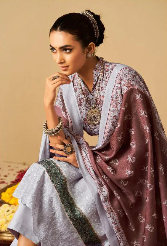 Rayon Pashmina Unstitched Winter Light Grey Printed Suits Set with Embroidery