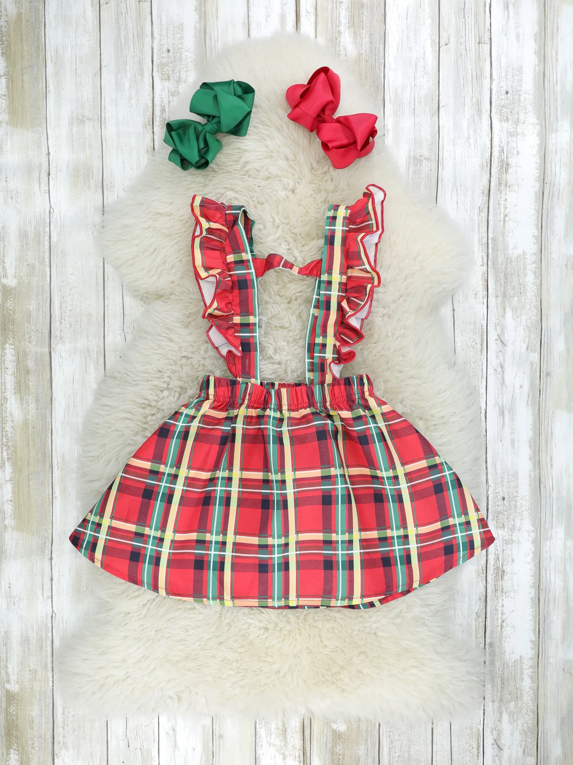 Red & Yellow Plaid Overall Dress Set