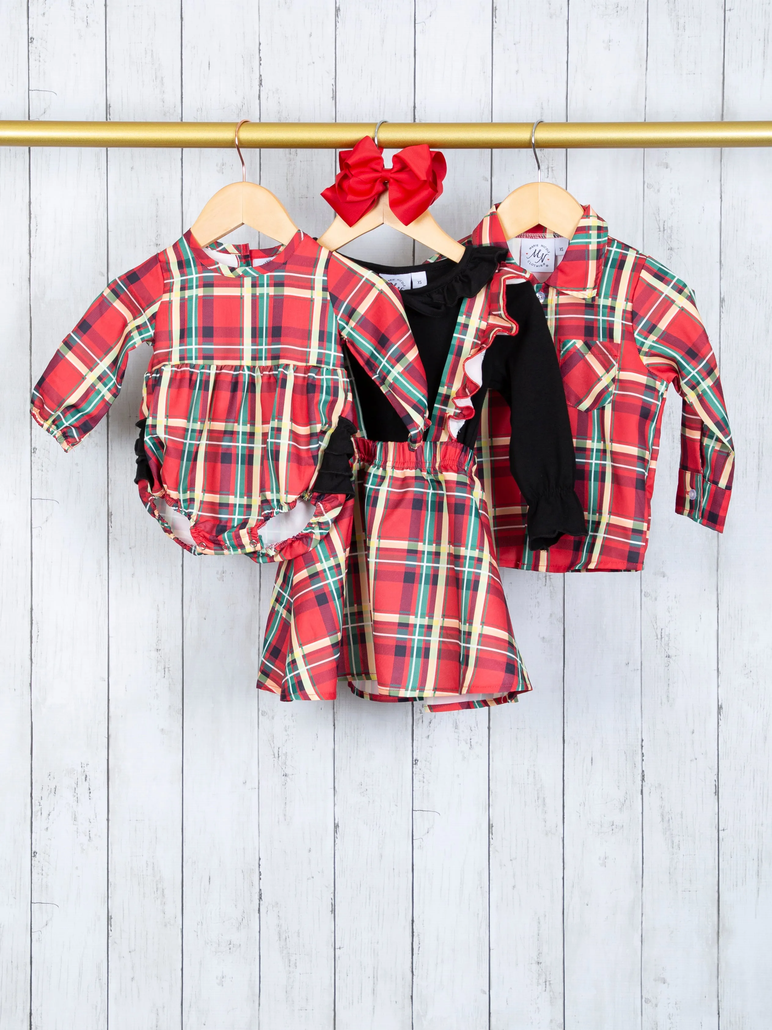 Red & Yellow Plaid Overall Dress Set