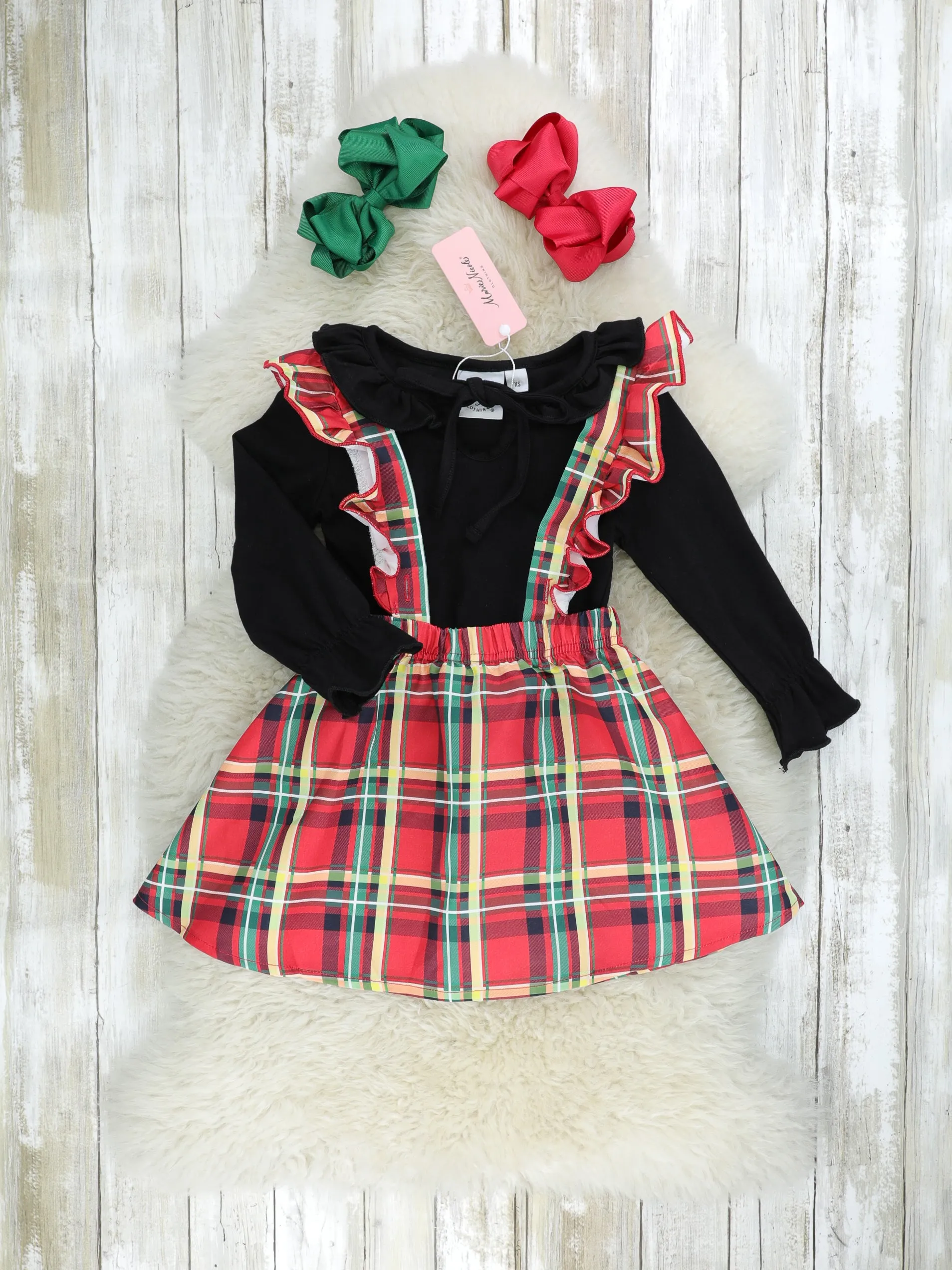 Red & Yellow Plaid Overall Dress Set