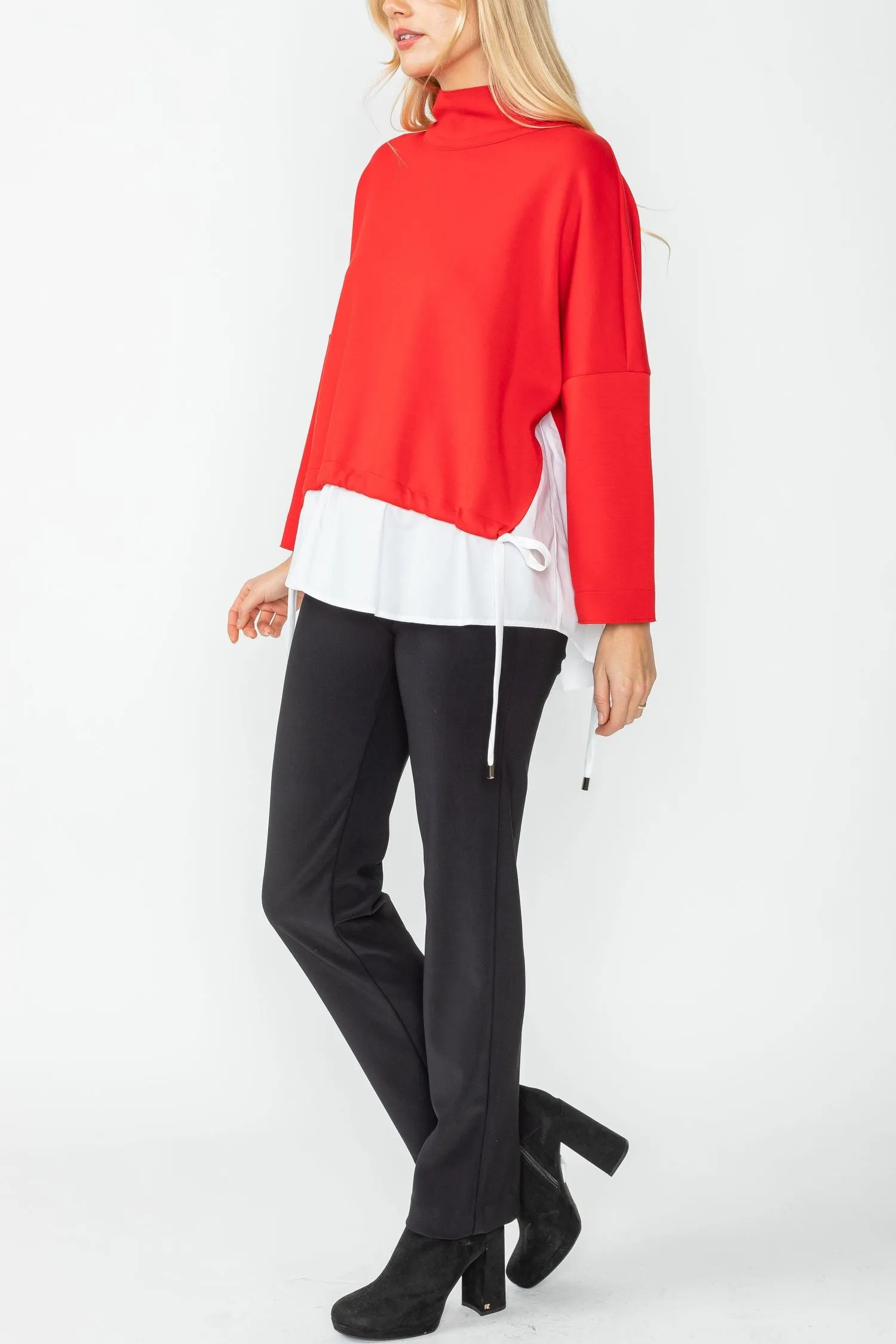 Red High Stand Collar & Shirts Tail Layer Top