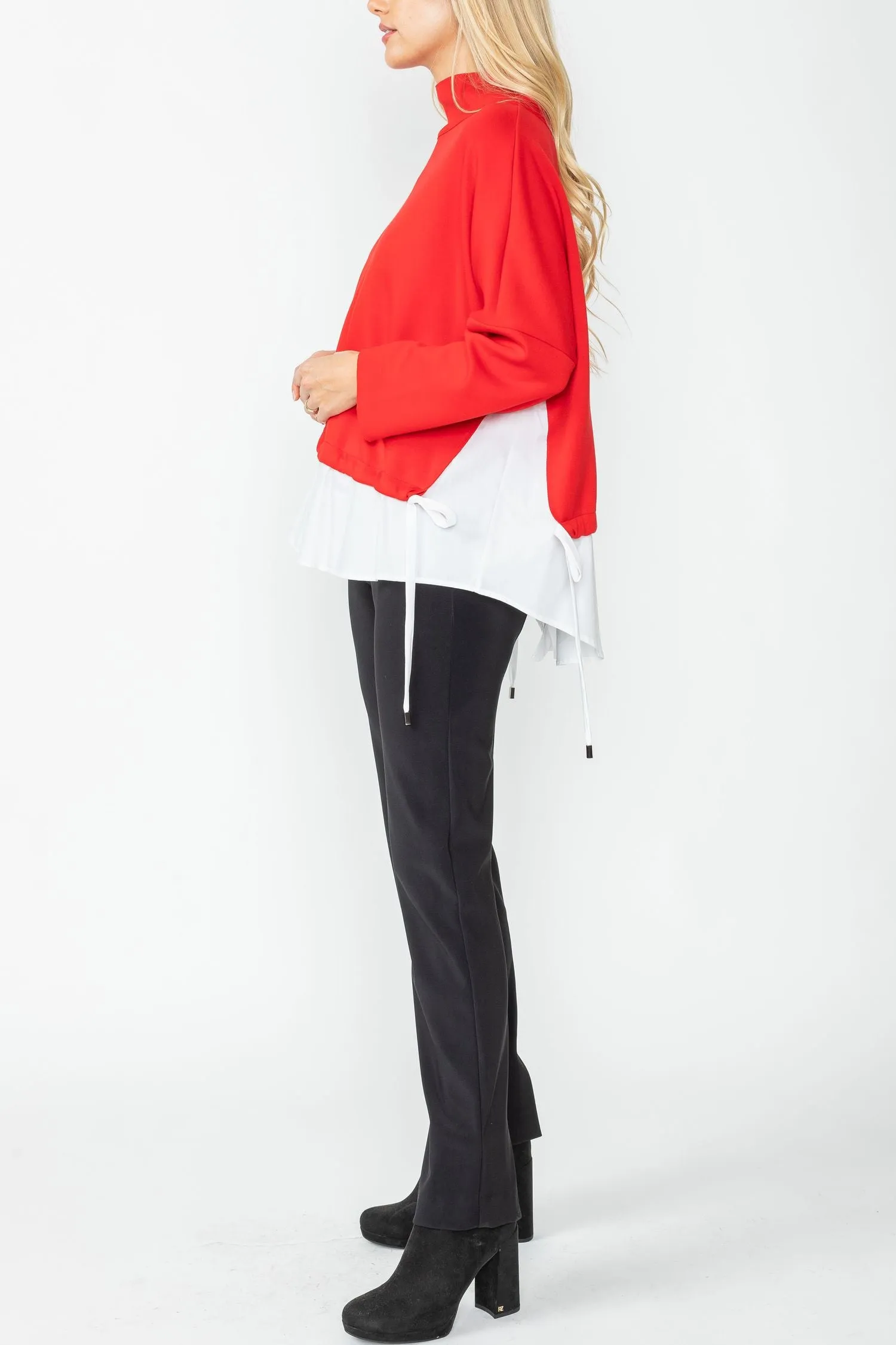 Red High Stand Collar & Shirts Tail Layer Top