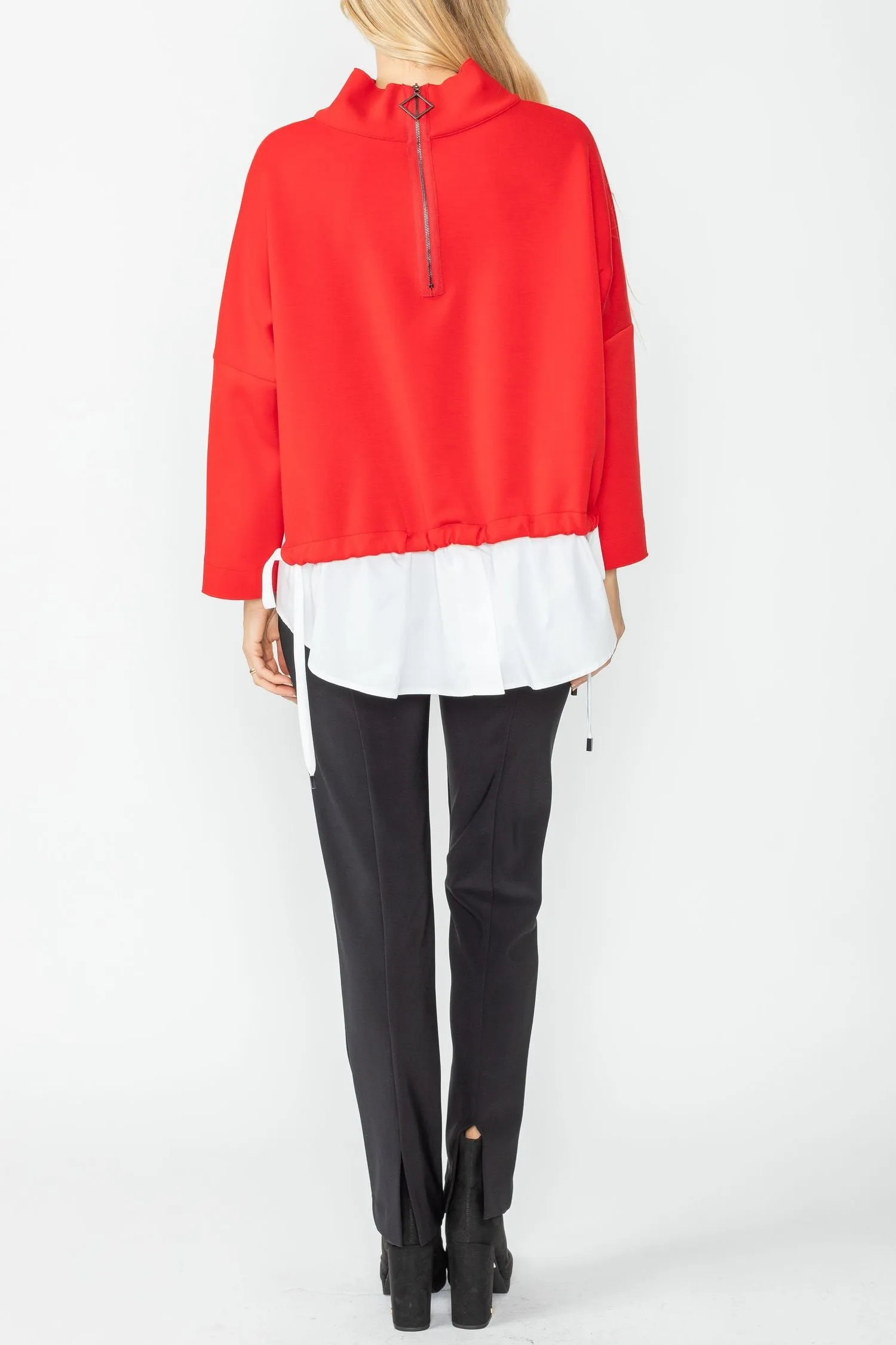 Red High Stand Collar & Shirts Tail Layer Top