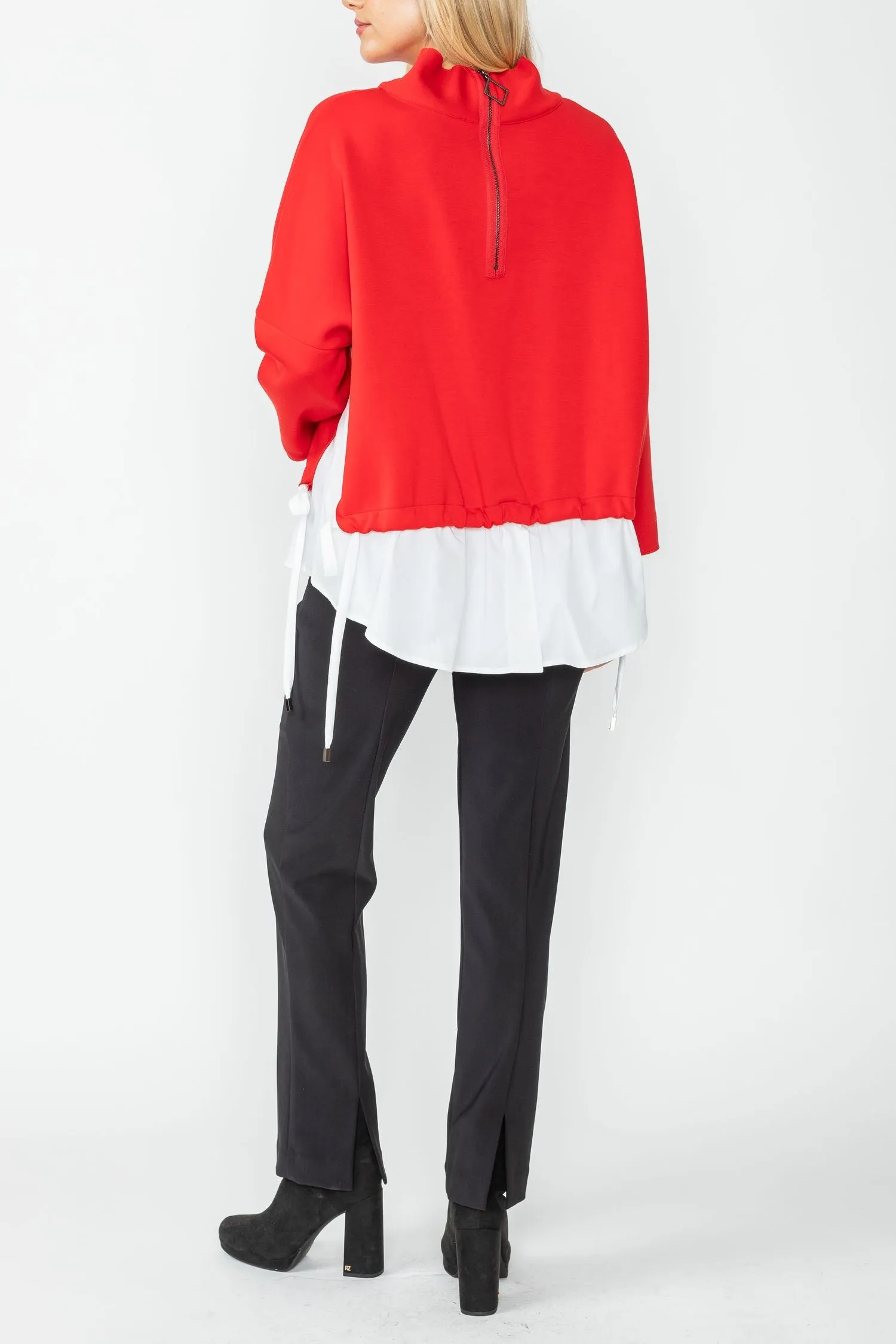 Red High Stand Collar & Shirts Tail Layer Top