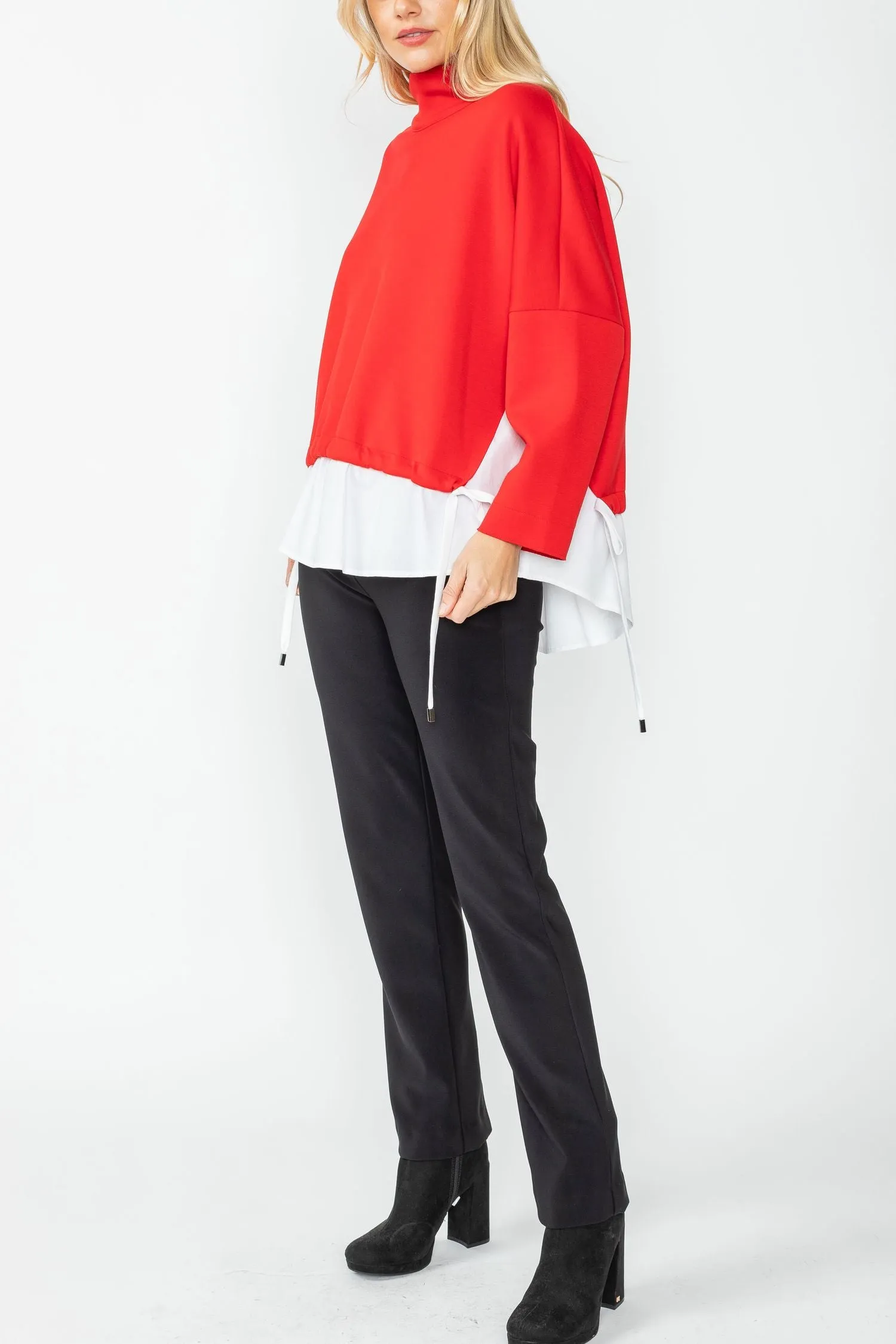 Red High Stand Collar & Shirts Tail Layer Top