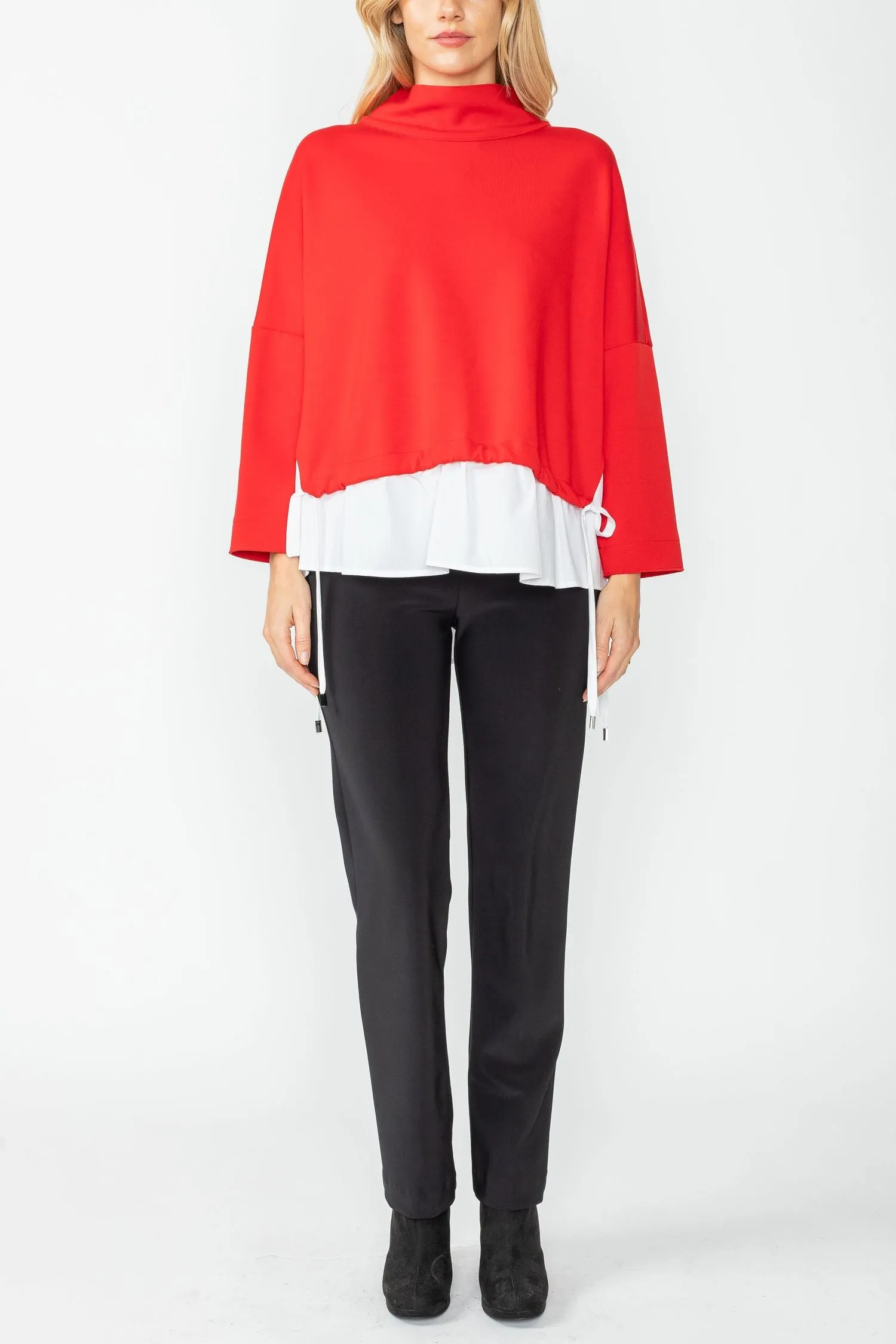 Red High Stand Collar & Shirts Tail Layer Top