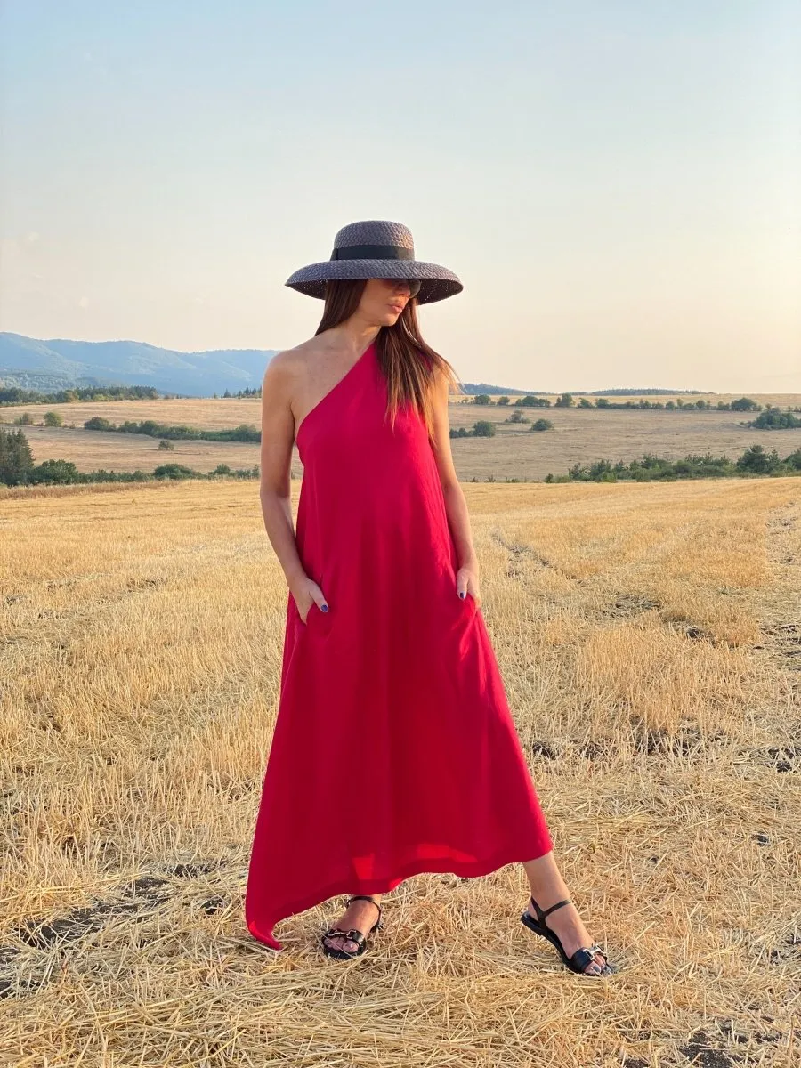 Red Linen One Shoulder Dress TIFFANY