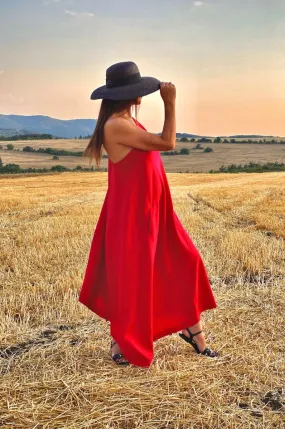 Red Linen One Shoulder Dress TIFFANY