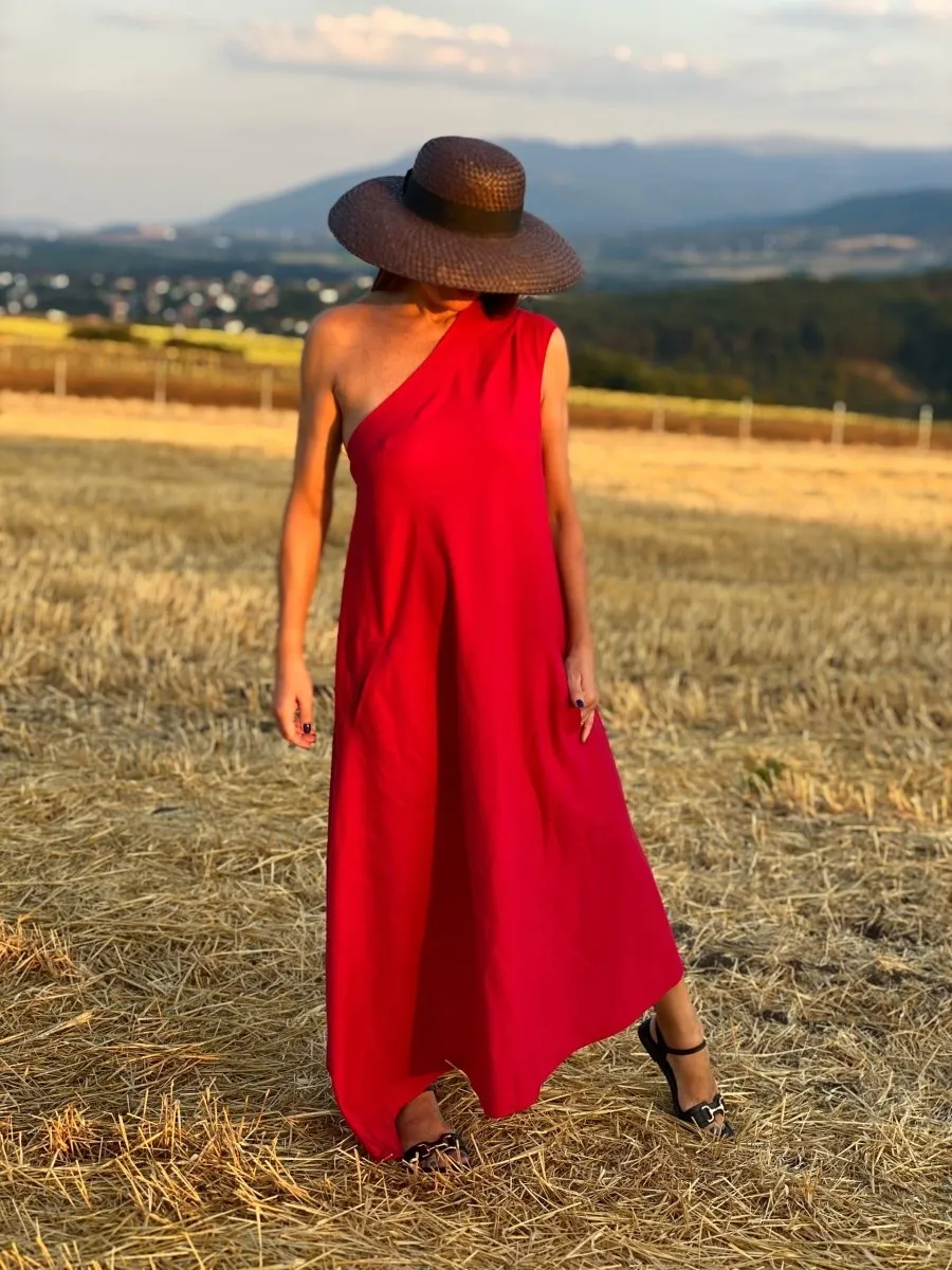 Red Linen One Shoulder Dress TIFFANY