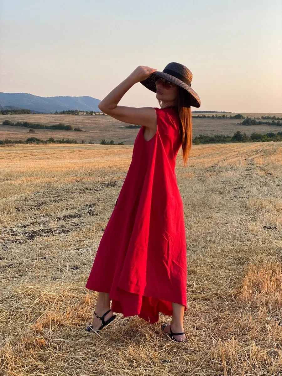 Red Linen One Shoulder Dress TIFFANY