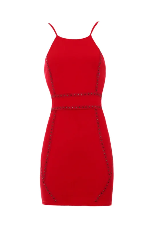 Red Strappy Stud Front Bodycon Mini Dress