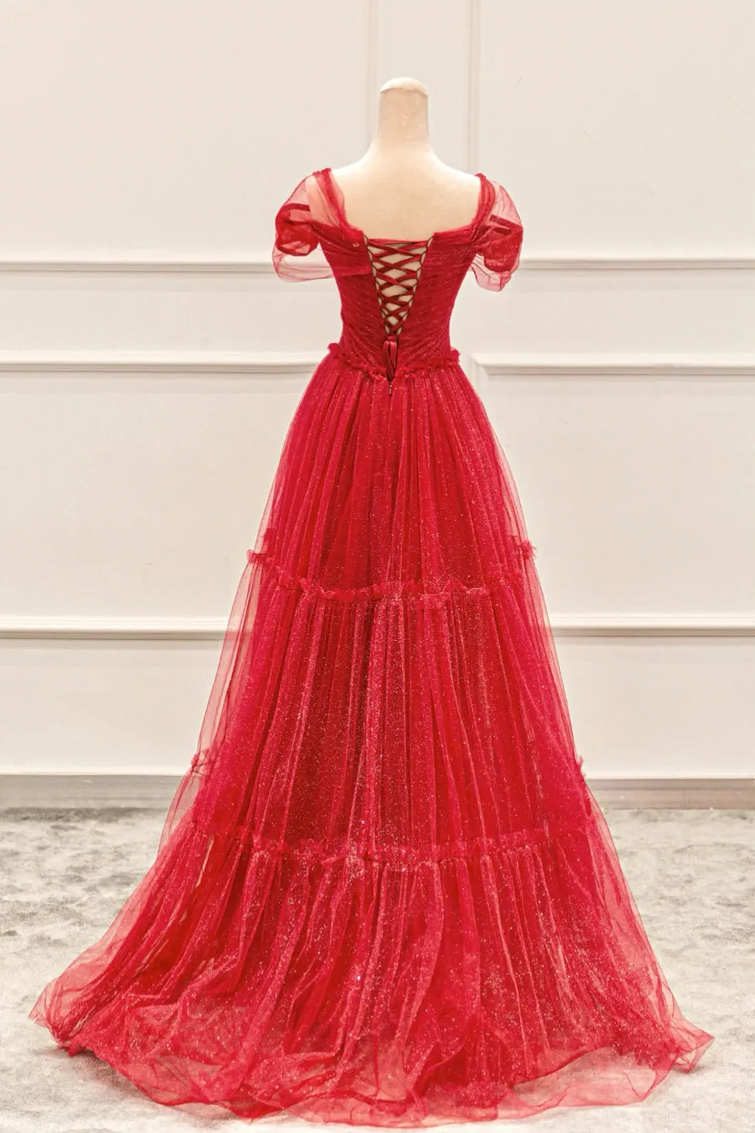 Red Tulle Long A-Line Prom Dress, Off the Shoulder Evening Party Dress