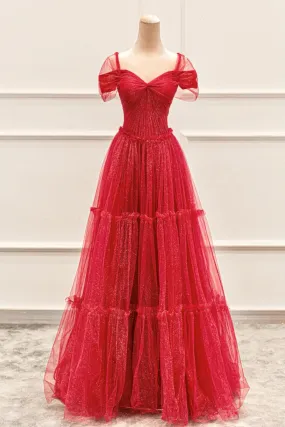 Red Tulle Long A-Line Prom Dress, Off the Shoulder Evening Party Dress