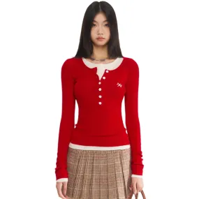 Red Twisted Henley Collar Knitwear Top