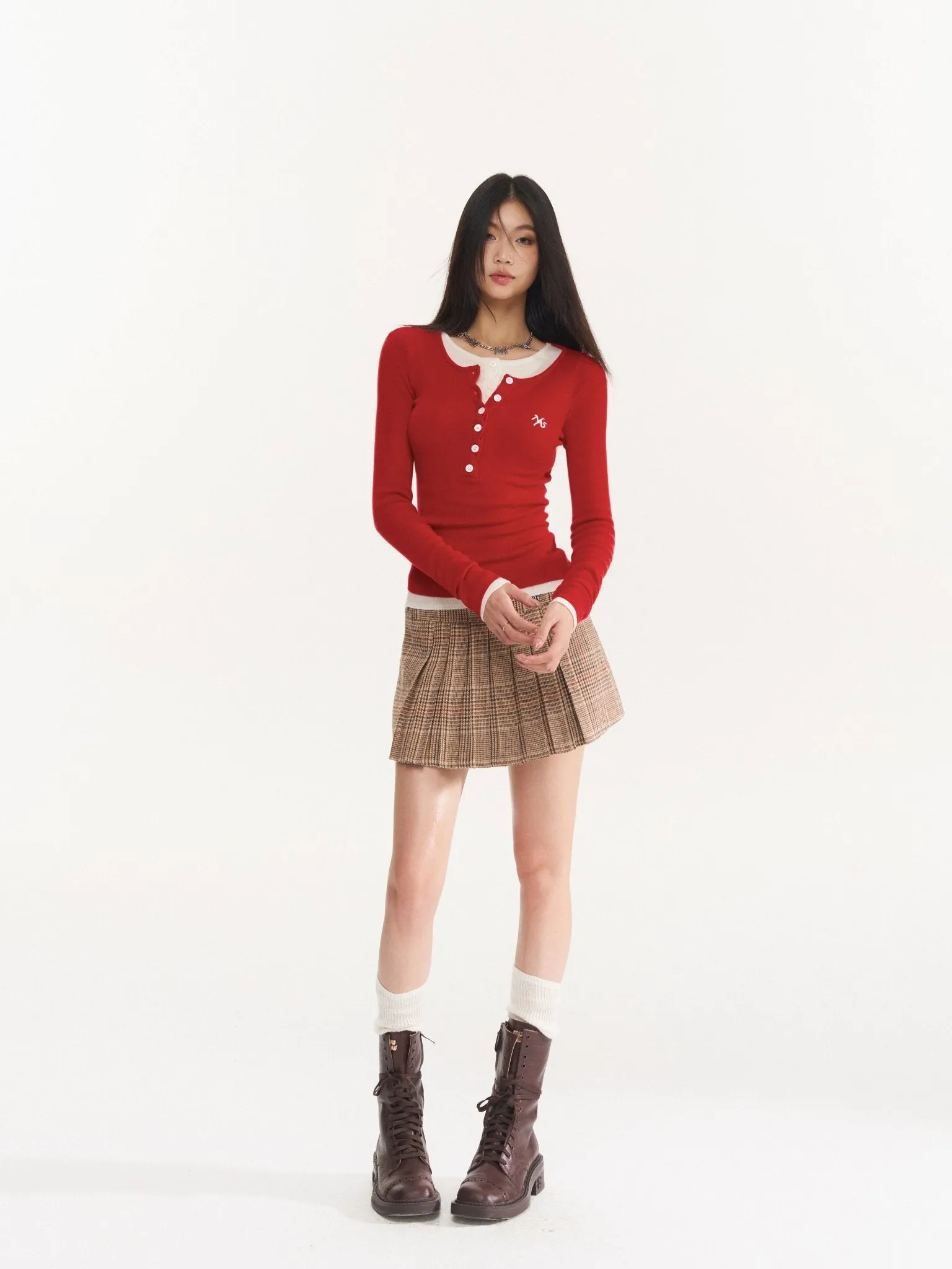 Red Twisted Henley Collar Knitwear Top