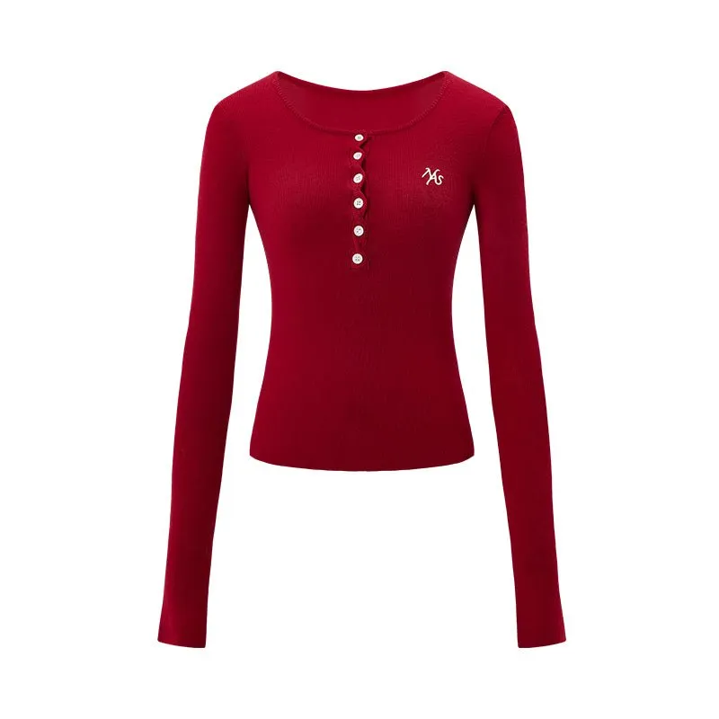 Red Twisted Henley Collar Knitwear Top