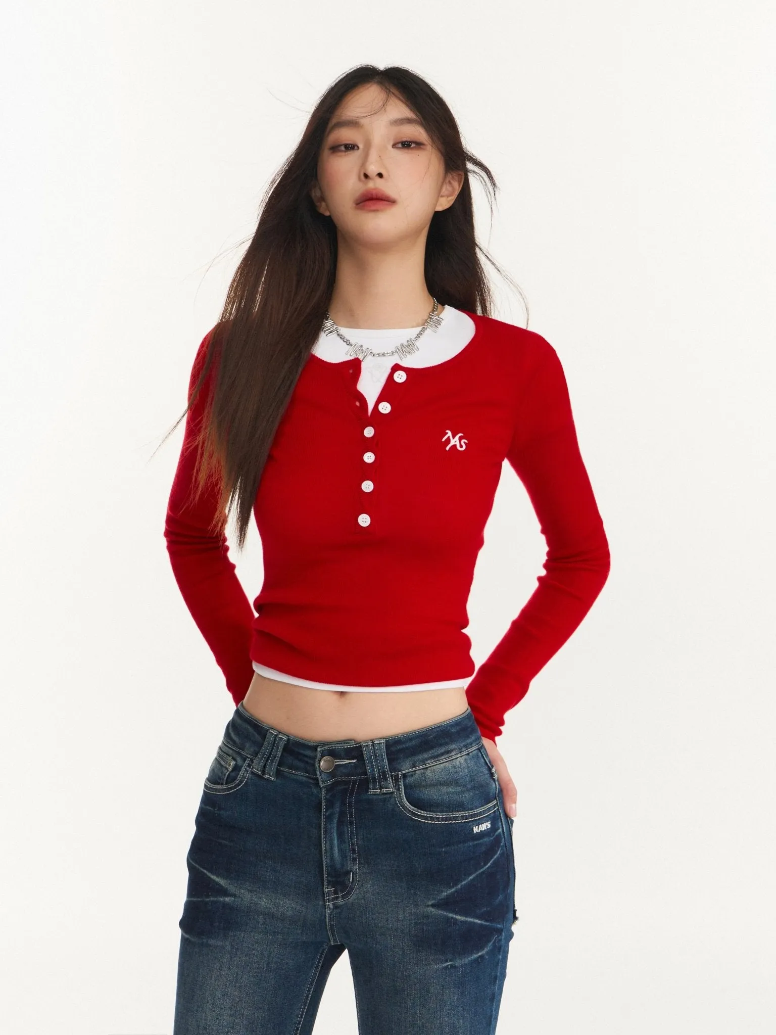 Red Twisted Henley Collar Knitwear Top