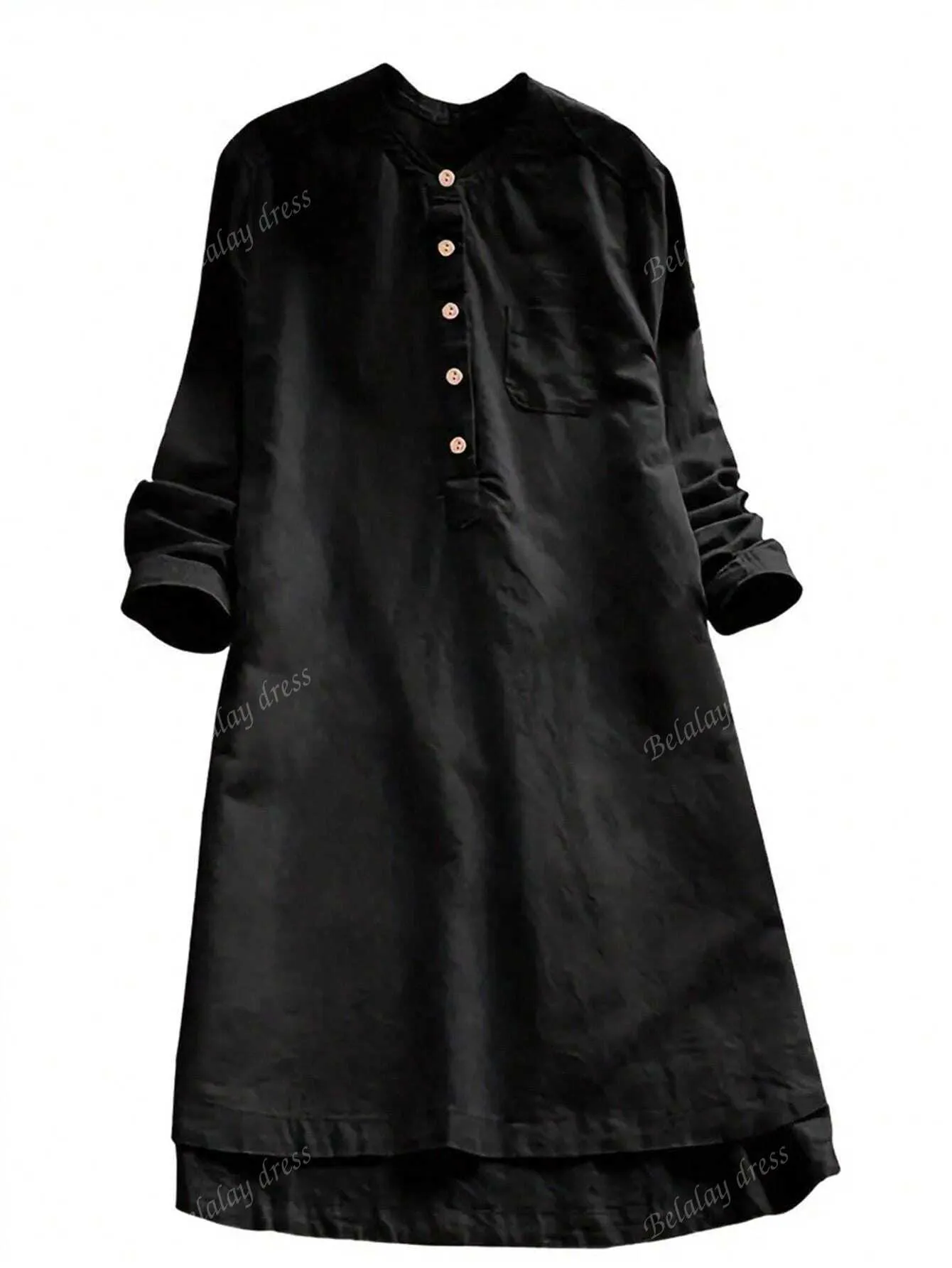 Regular Women Loose Fit Long Sleeve Black Dress