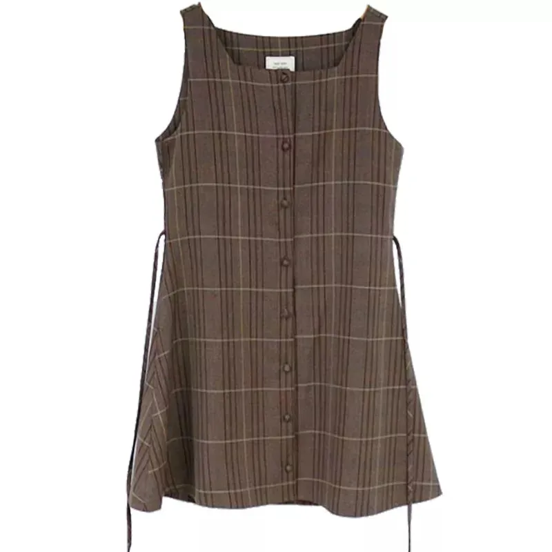 Retro Plaid Button Dress with Mini Sleeveless Vest Styling