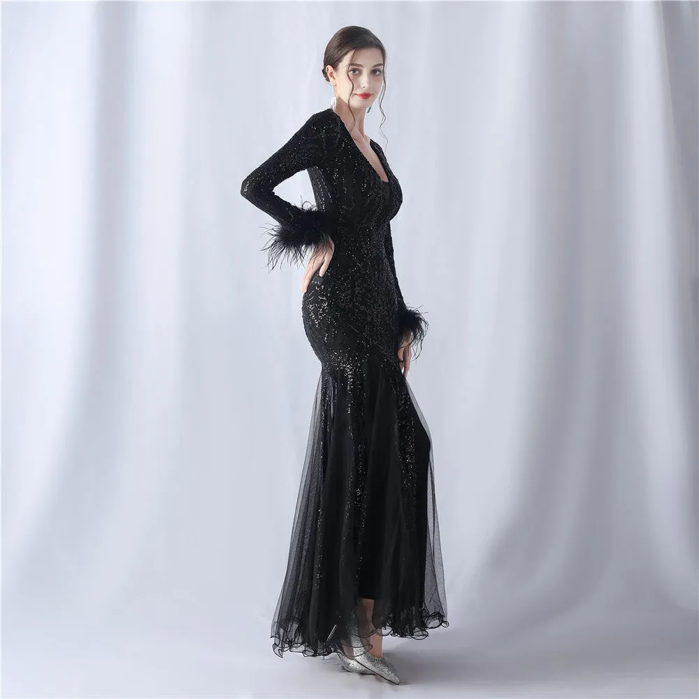 Rhea-31613-Ostrich Fur Mesh Beaded Formal Dresses