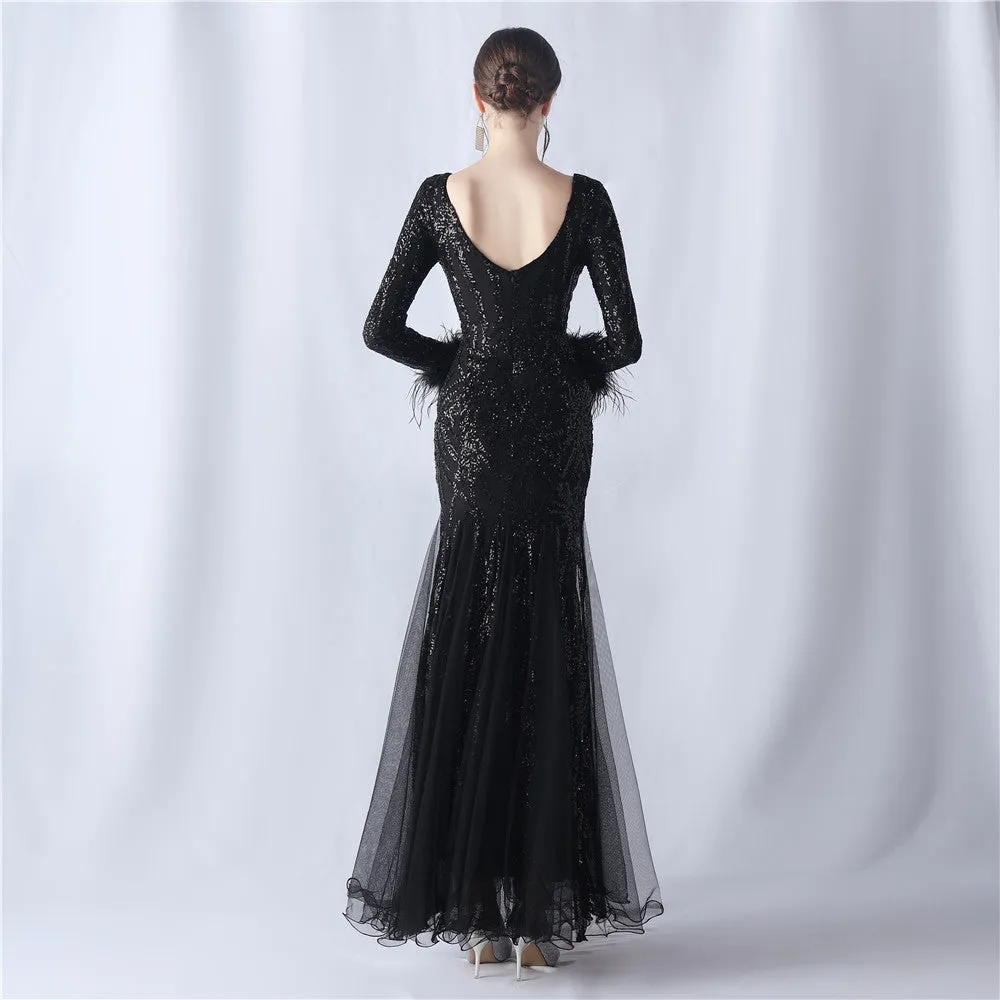 Rhea-31613-Ostrich Fur Mesh Beaded Formal Dresses