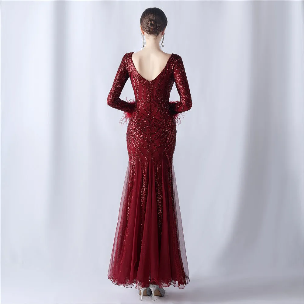 Rhea-31613-Ostrich Fur Mesh Beaded Formal Dresses