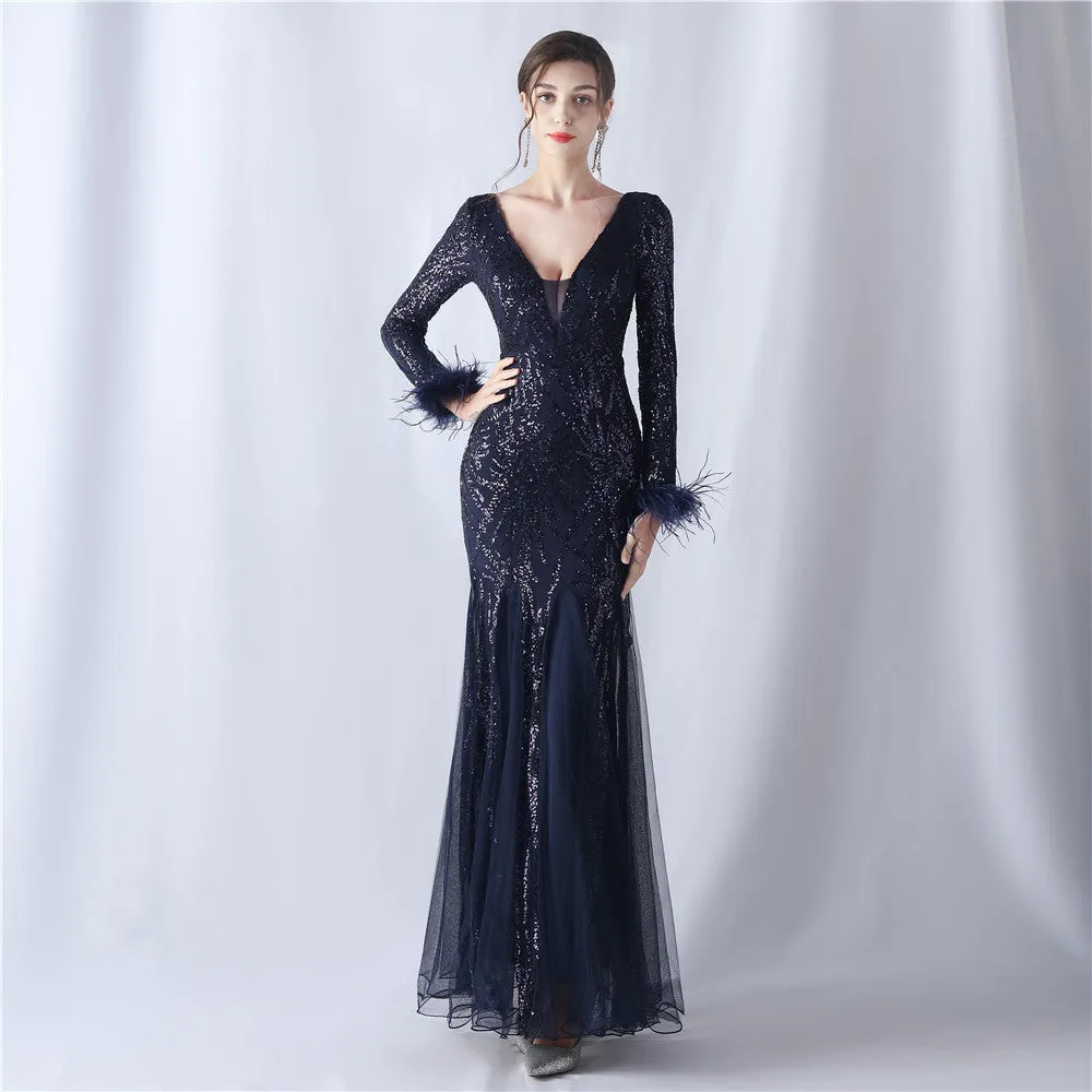 Rhea-31613-Ostrich Fur Mesh Beaded Formal Dresses