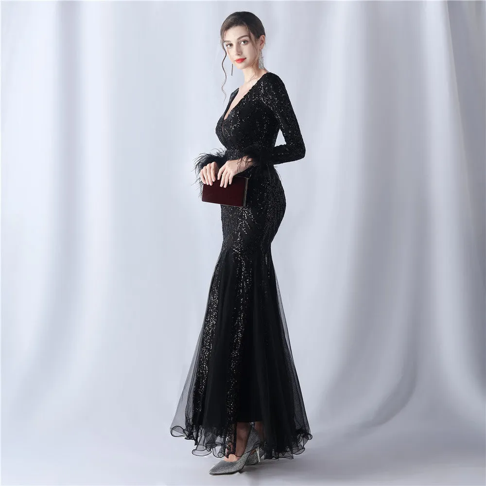 Rhea-31613-Ostrich Fur Mesh Beaded Formal Dresses