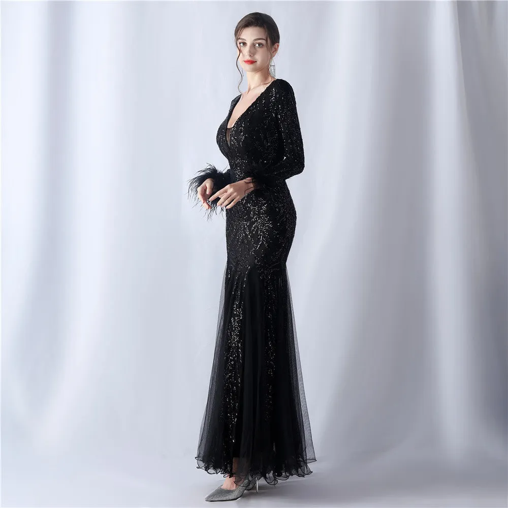 Rhea-31613-Ostrich Fur Mesh Beaded Formal Dresses