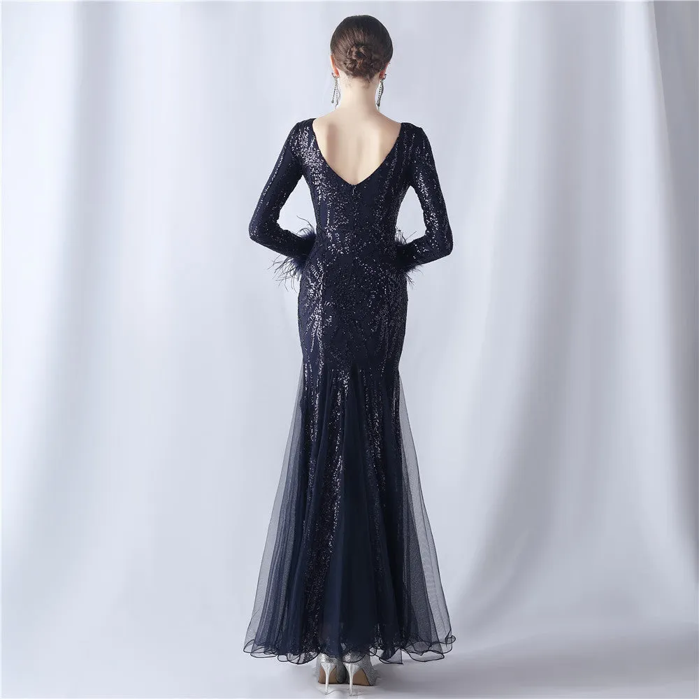 Rhea-31613-Ostrich Fur Mesh Beaded Formal Dresses