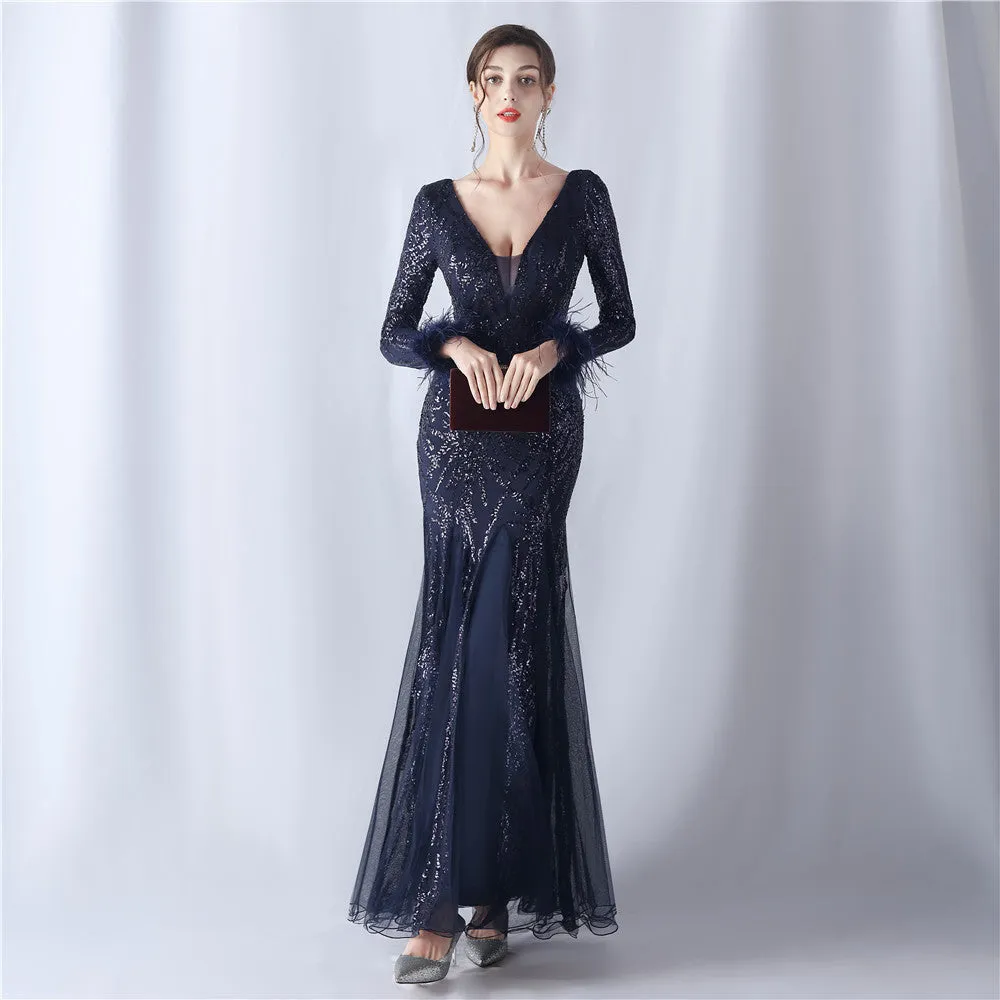 Rhea-31613-Ostrich Fur Mesh Beaded Formal Dresses