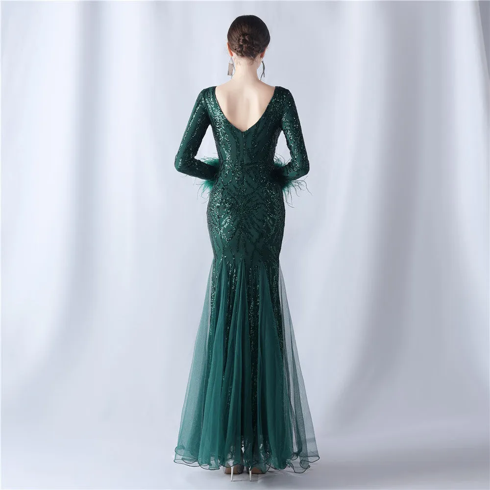 Rhea-31613-Ostrich Fur Mesh Beaded Formal Dresses