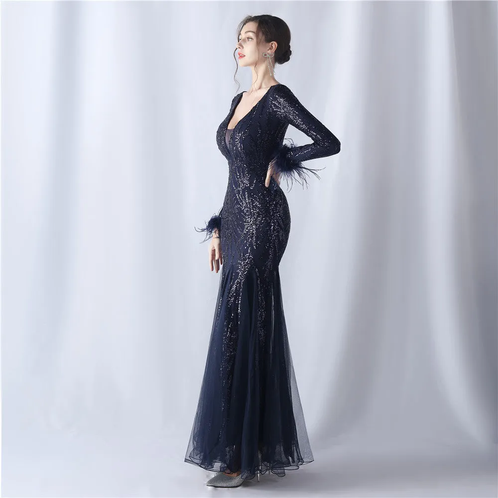 Rhea-31613-Ostrich Fur Mesh Beaded Formal Dresses