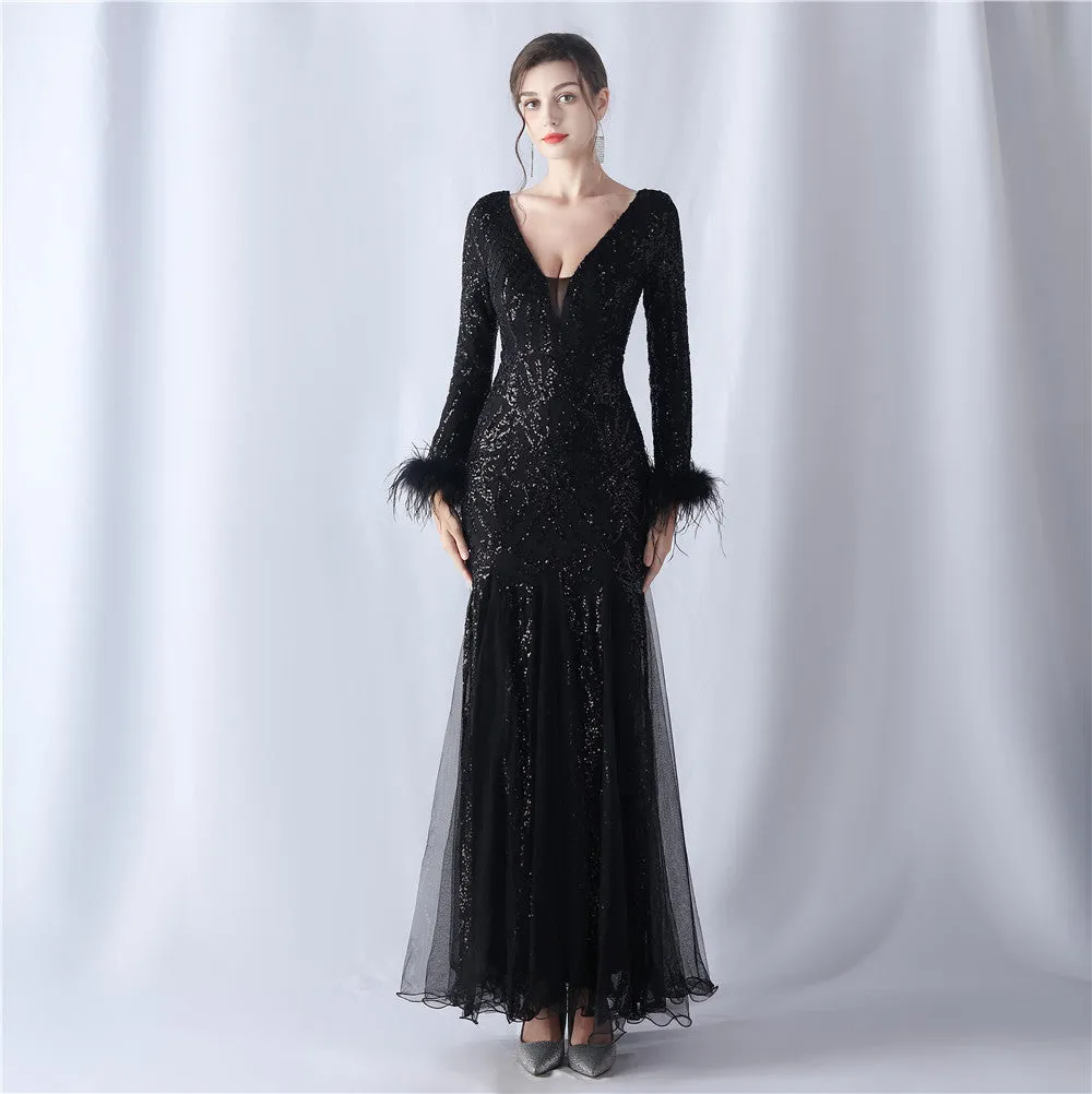 Rhea-31613-Ostrich Fur Mesh Beaded Formal Dresses