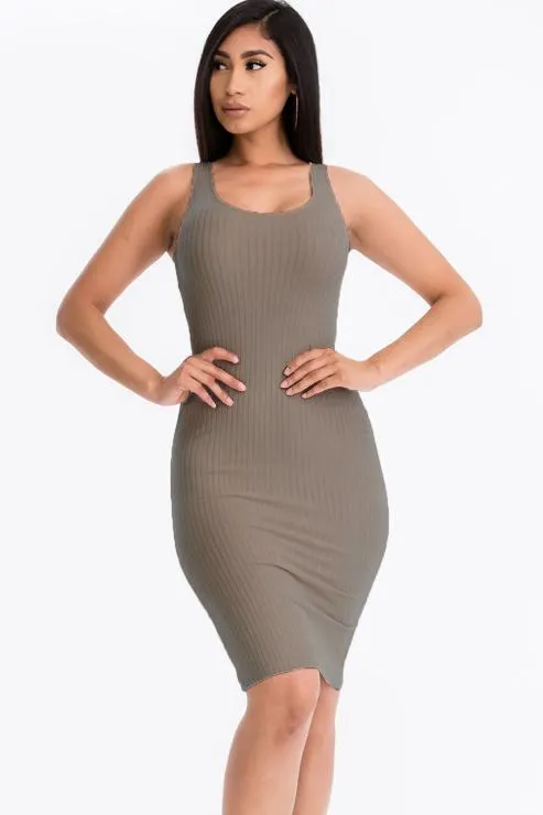 Ribbed Back Slit Bodycon Midi Dress