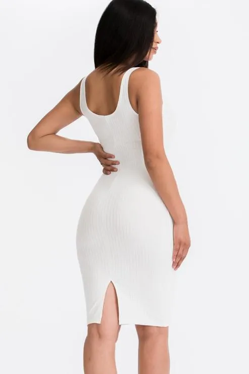 Ribbed Back Slit Bodycon Midi Dress