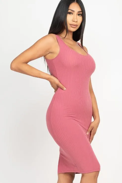 Ribbed Back Slit Bodycon Midi Dress